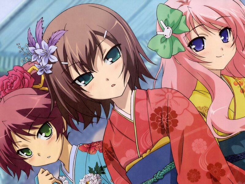 Three Anime Girls in Kimonos — Red