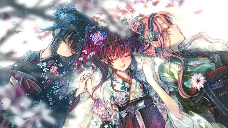 Three Anime Girls in Kimonos — White, Serene