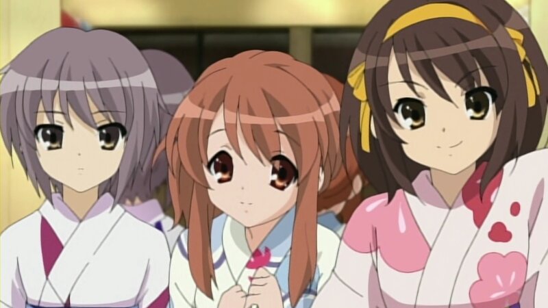 Three Anime Girls in Kimonos — White