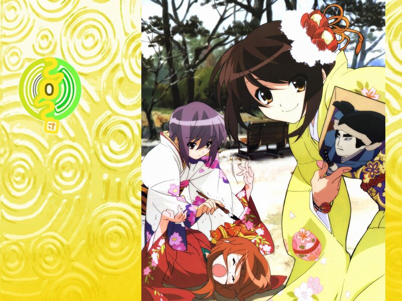 Three Anime Girls in Kimonos — Yellow