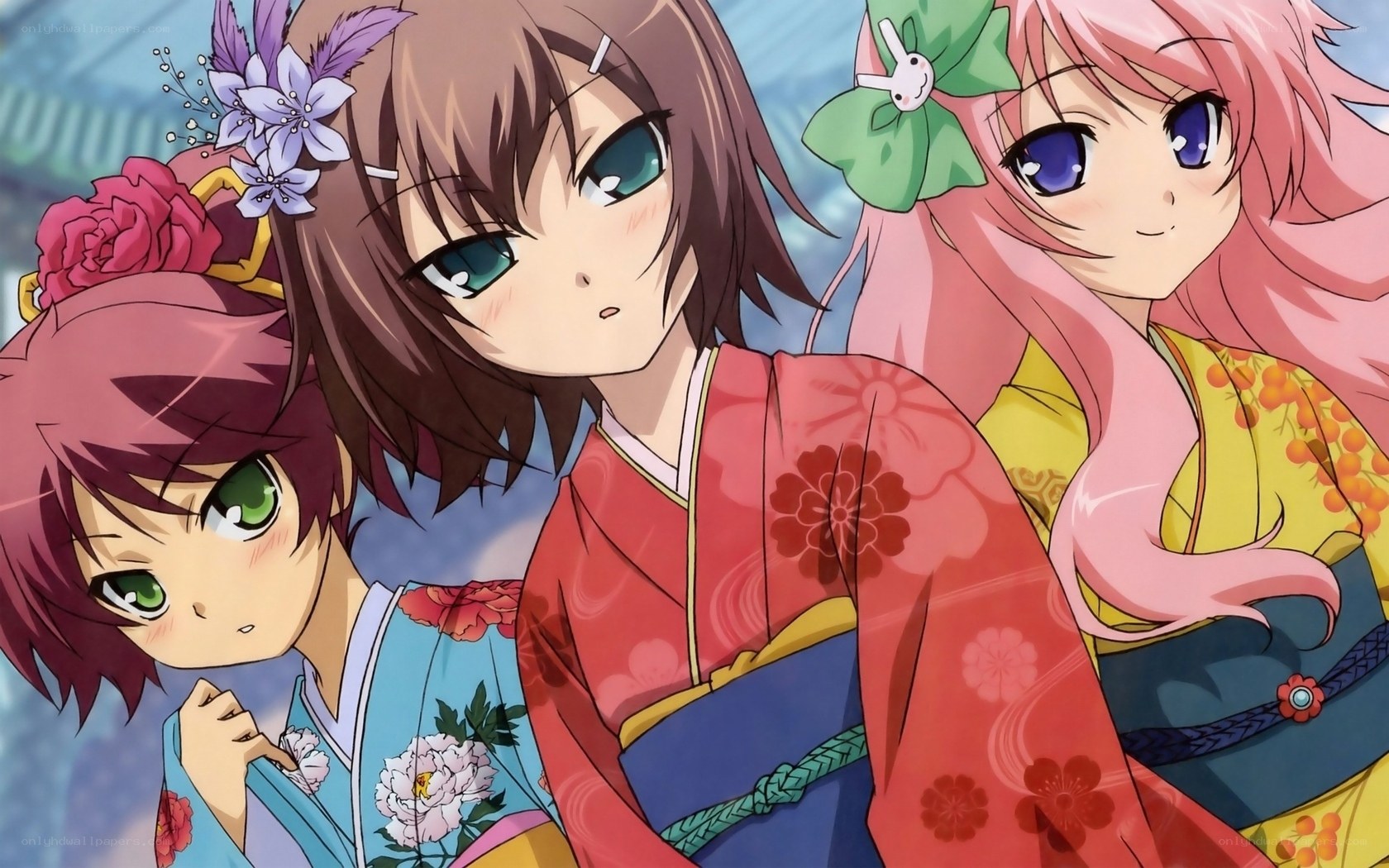 three anime girls in kimonos