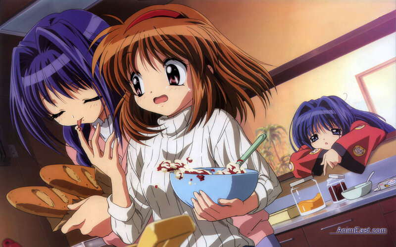 Three Anime Girls in Kitchen — Brown
