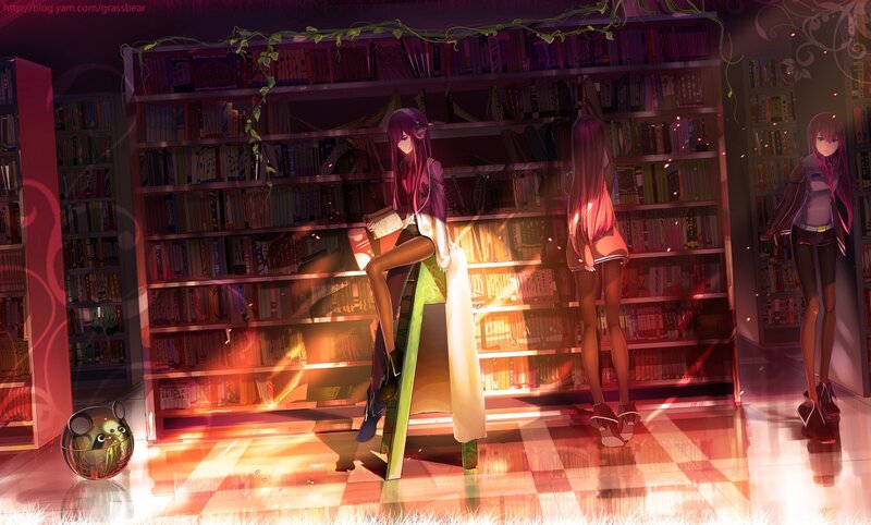 Three Anime Girls in Library — Purple