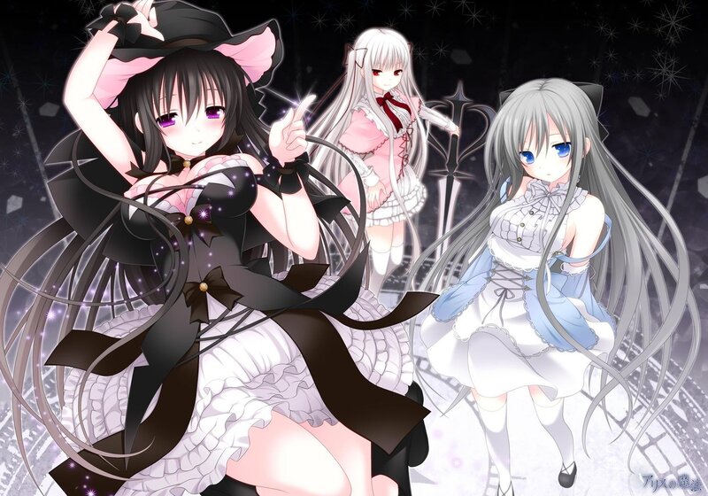 Three anime girls in magical dresses