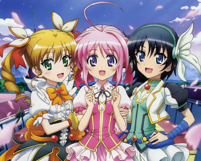 three anime girls in magical outfits