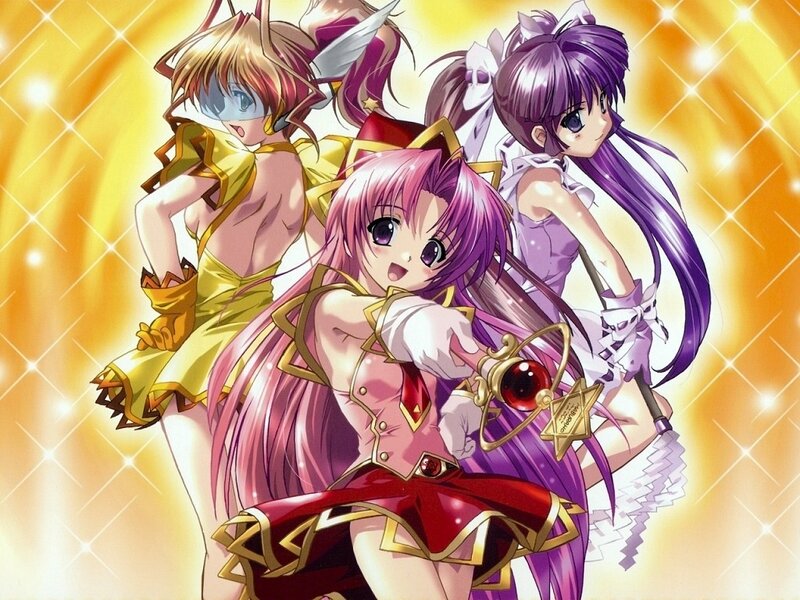 Three anime girls in magical outfits