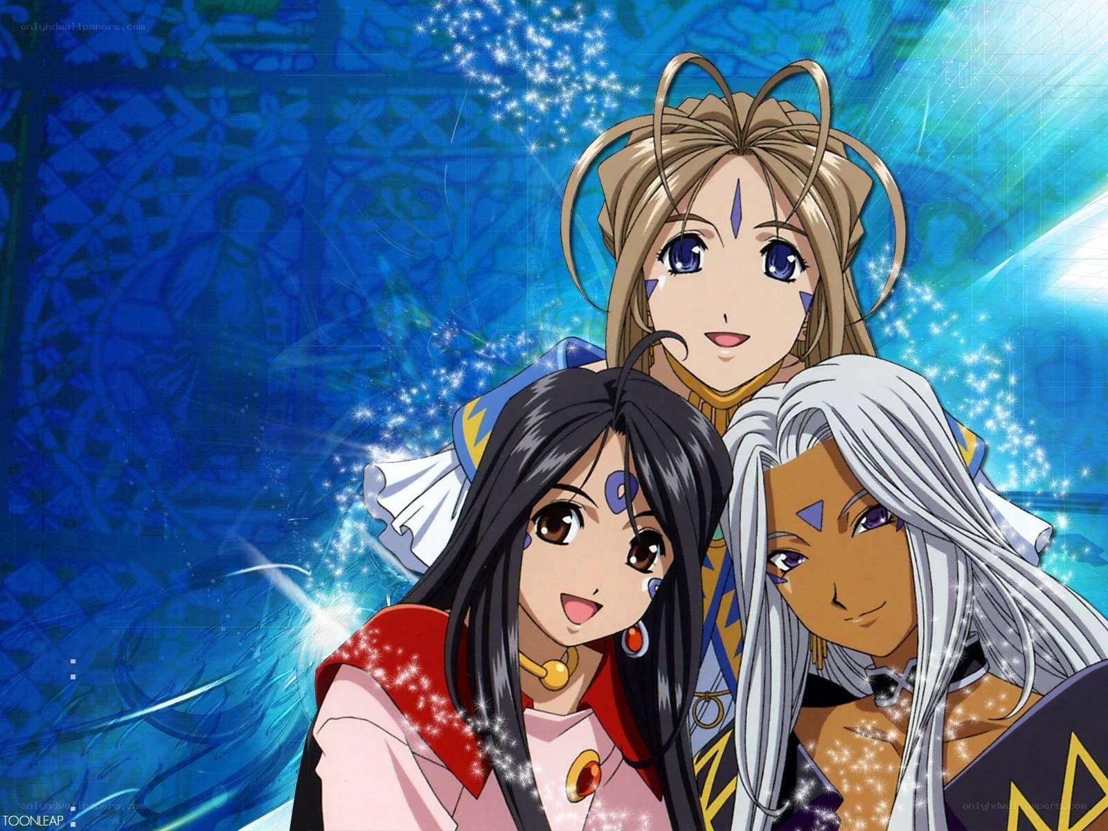 three anime girls in magical setting