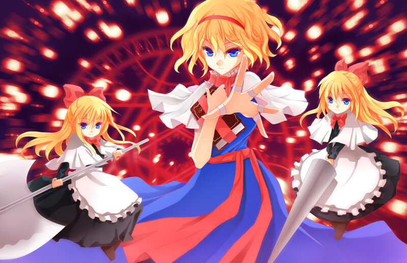 Three Anime Girls in Maid Outfits — Red, Dramatic