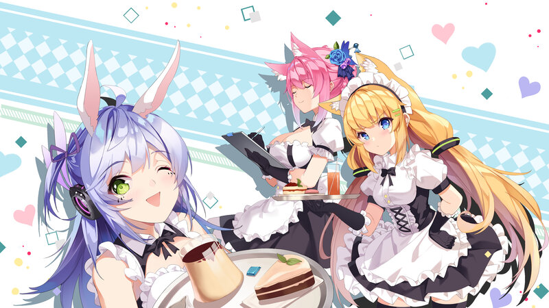 Three Anime Girls in Maid Outfits — White, Cheerful, Afternoon