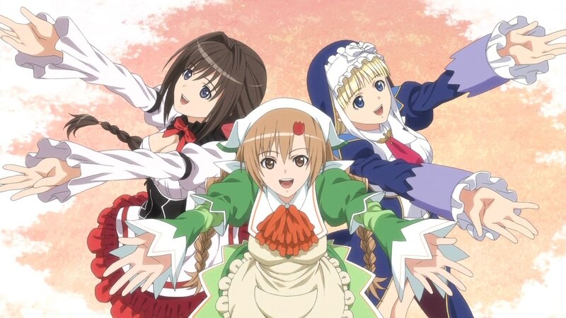 Three Anime Girls in Maid Outfits — White, Cheerful, Maid Outfits