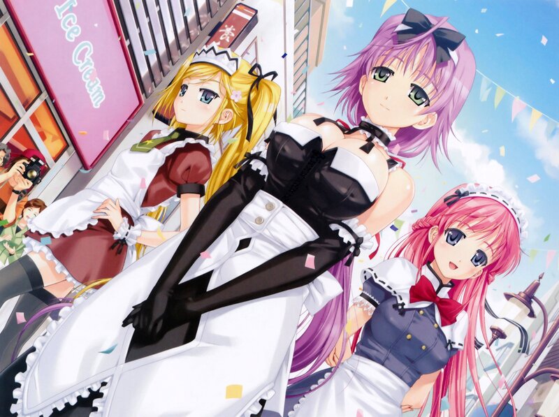 Three Anime Girls in Maid Outfits — White, Festive