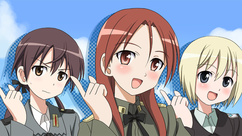 three anime girls in military uniforms