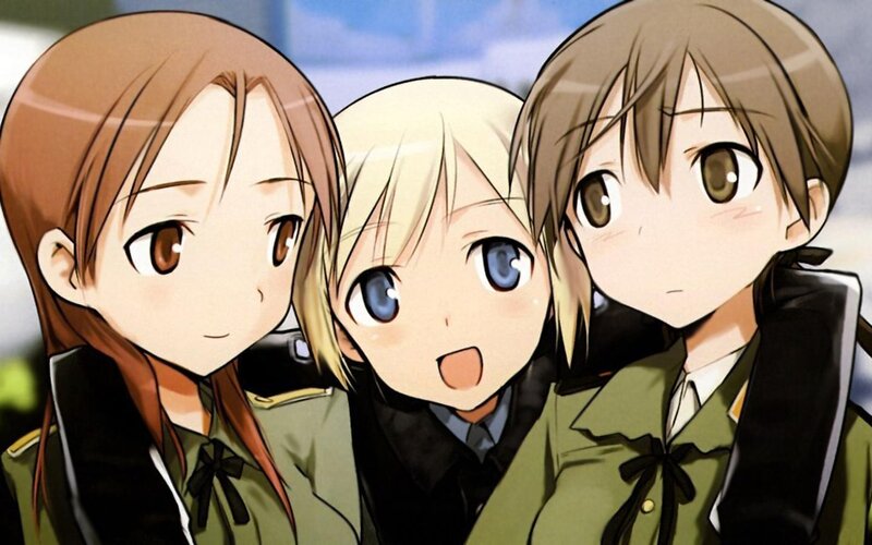 three anime girls in military uniforms