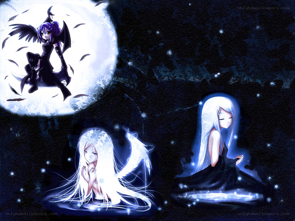 three anime girls in moonlight
