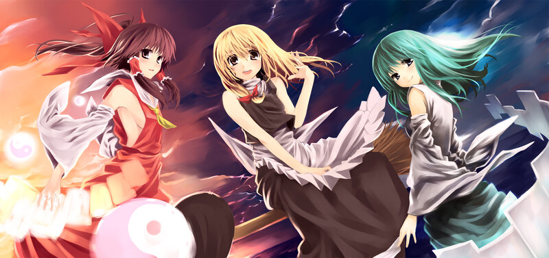 Three Anime Girls in Motion — Red, Dramatic