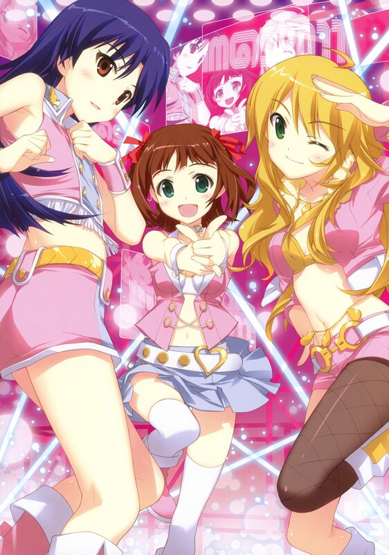 Three anime girls in performance outfits
