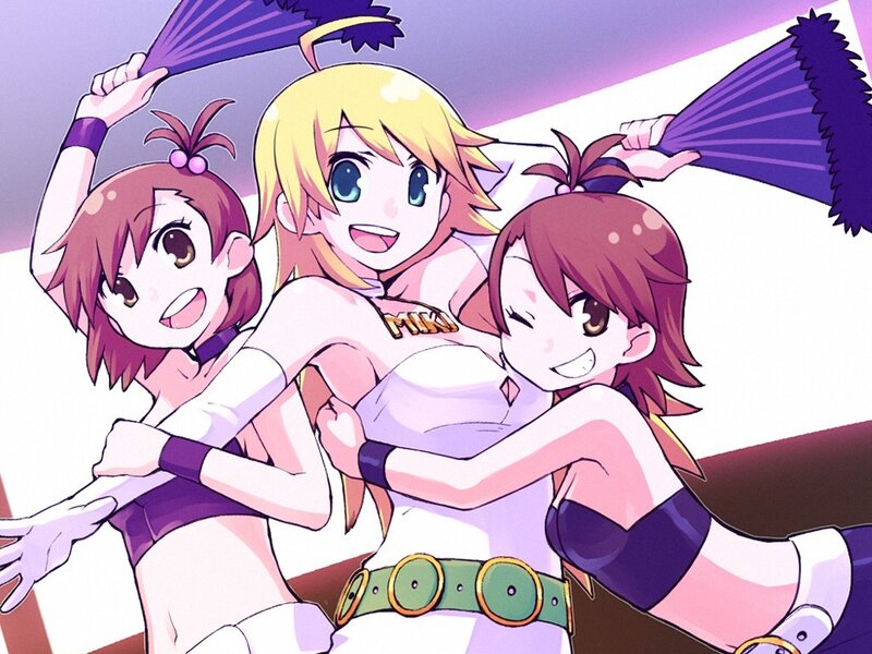 three anime girls in performance outfits