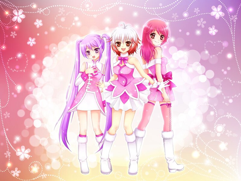 three anime girls in pink outfits