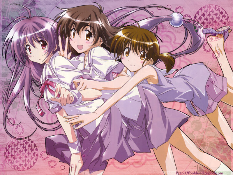 Three anime girls in purple outfits