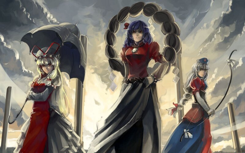 Three anime girls in red and blue