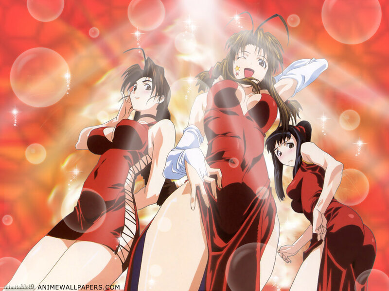 three anime girls in red dresses