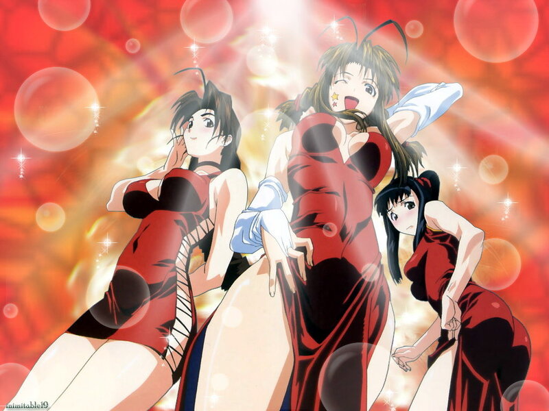 Three anime girls in red dresses