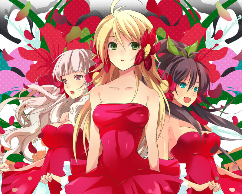 Three Anime Girls in Red Dresses — Festive