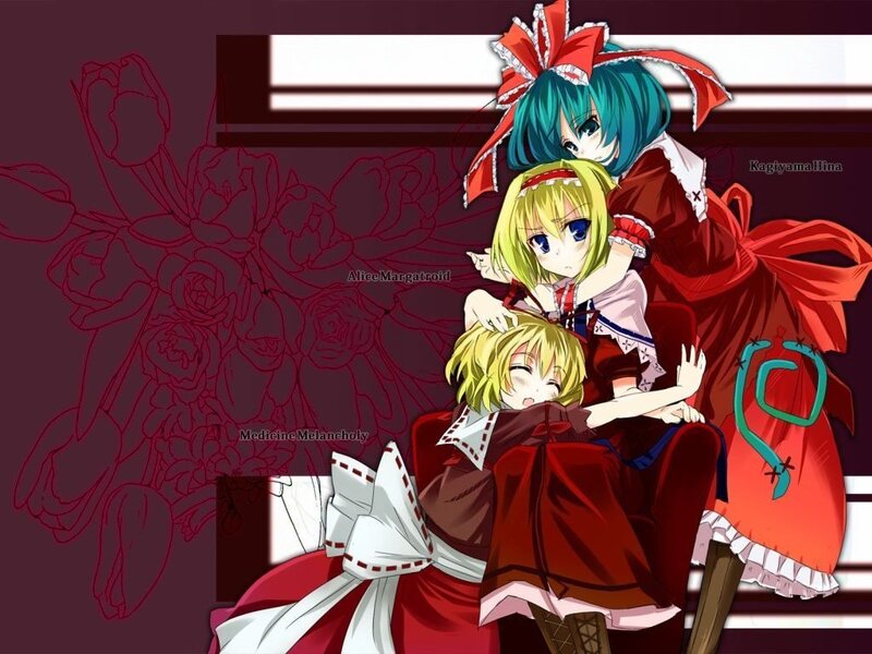 Three anime girls in red dresses