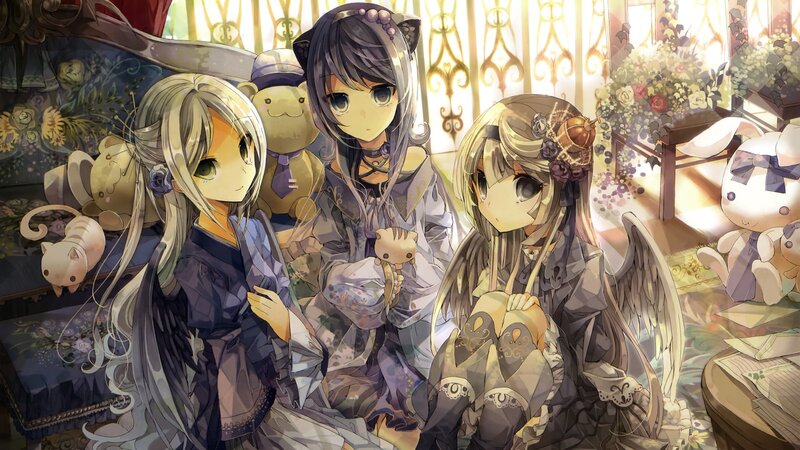 Three Anime Girls in Room — Purple, Calm, Afternoon