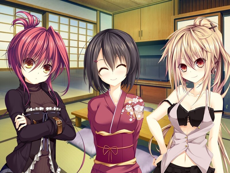 Three Anime Girls in Room — Purple