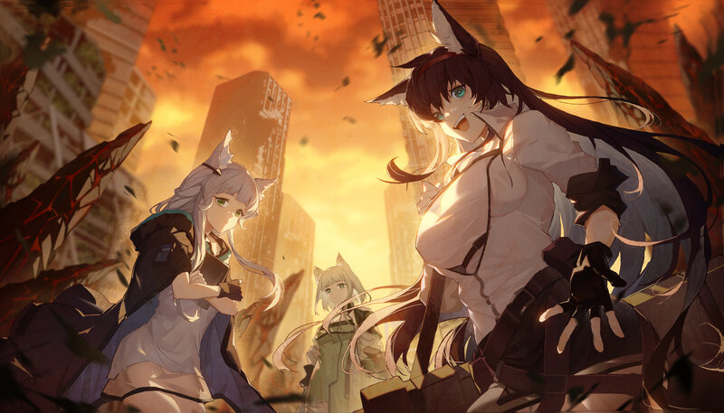 Three Anime Girls in Ruins — Orange, Dramatic