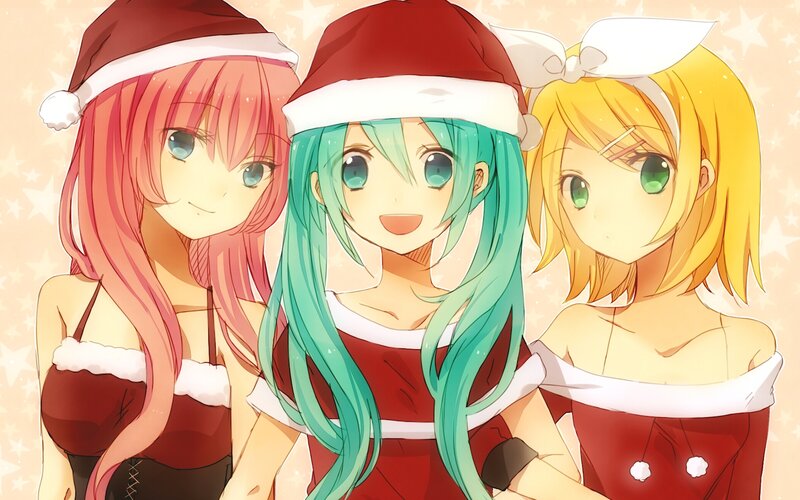 Three Anime Girls in Santa Outfits — Red, Festive, Winter