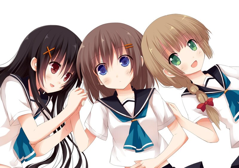 three anime girls in school uniforms