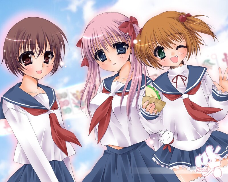 Three anime girls in school uniforms