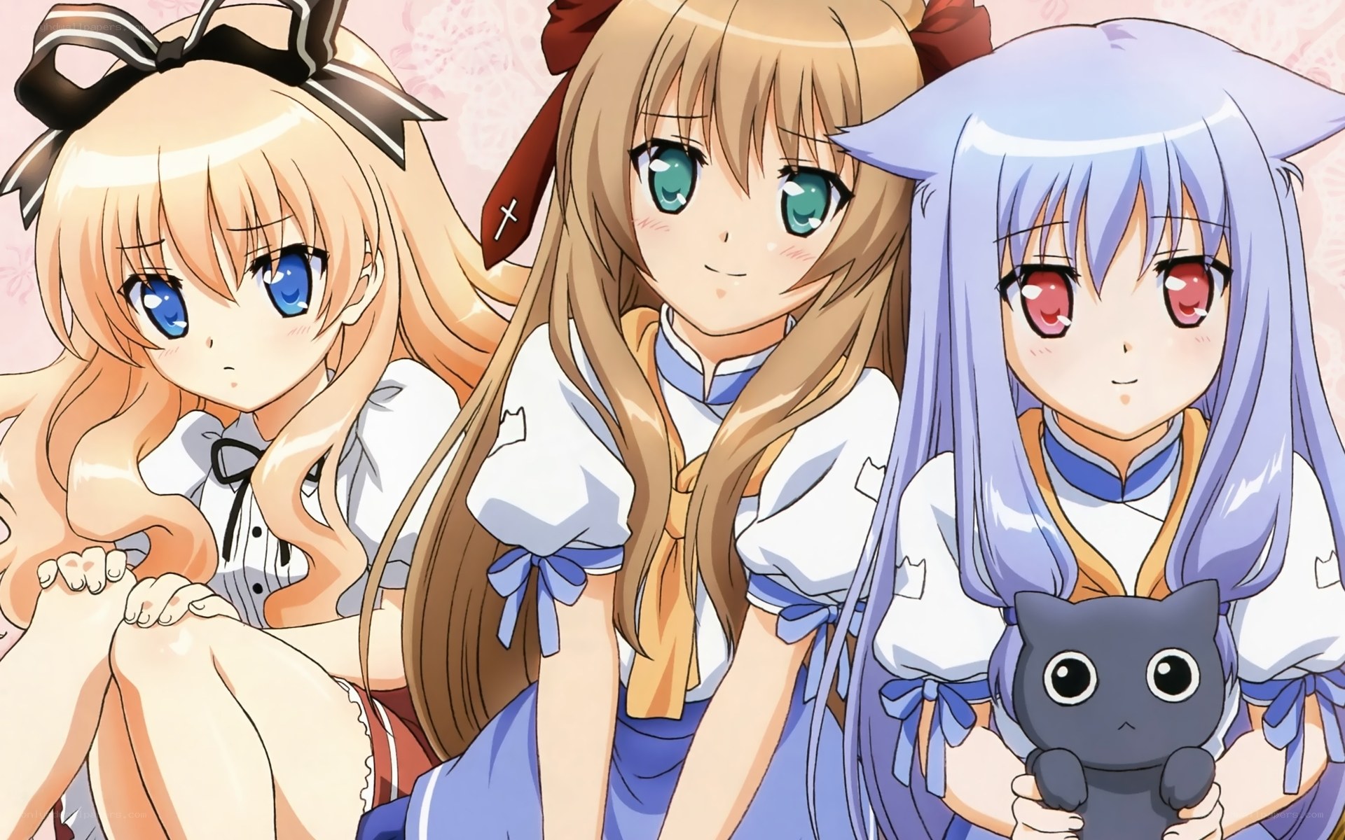 three anime girls in school uniforms