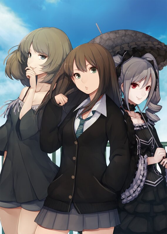 Three anime girls in school uniforms