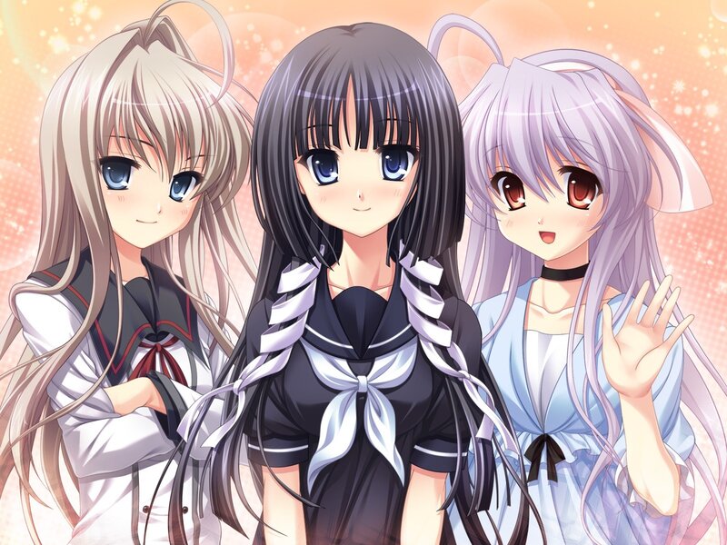 Three anime girls in school uniforms