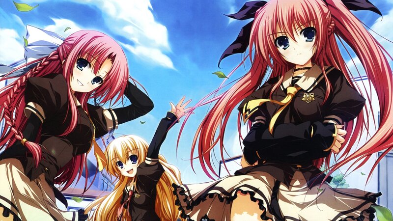 three anime girls in school uniforms