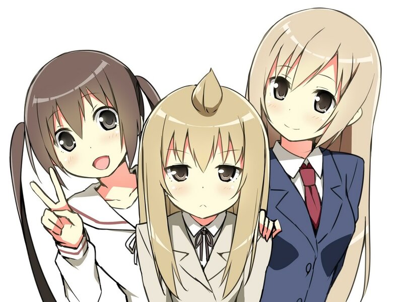 three anime girls in school uniforms