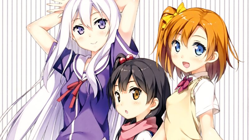 three anime girls in school uniforms