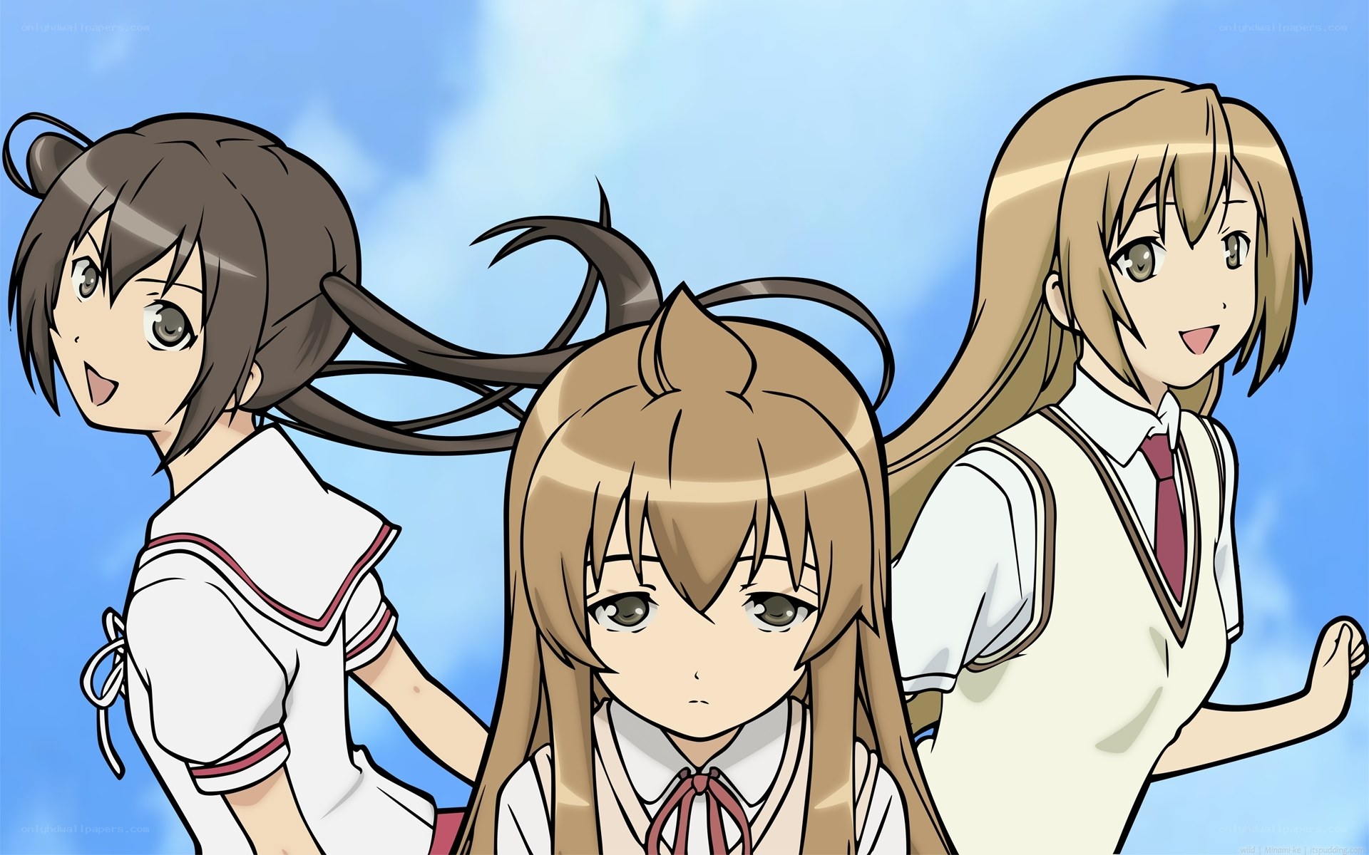three anime girls in school uniforms