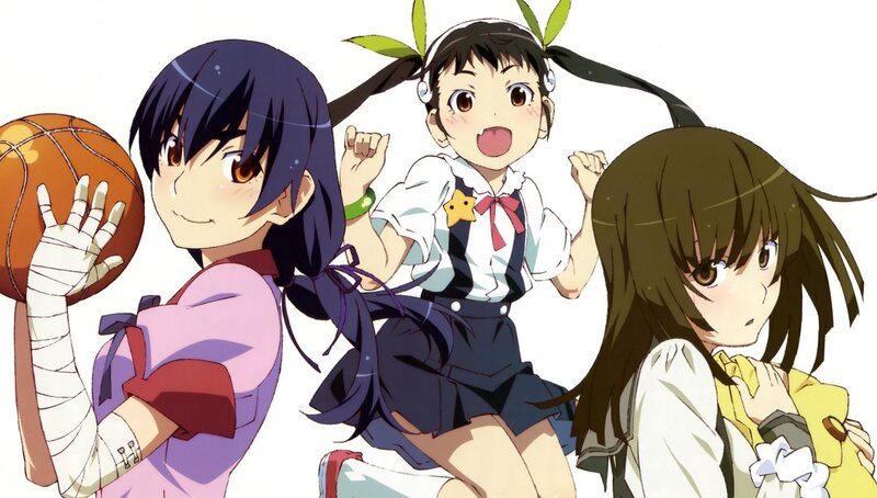 Three anime girls in school uniforms