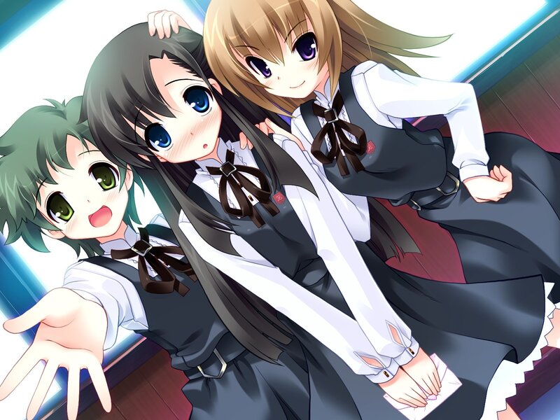 Three anime girls in school uniforms