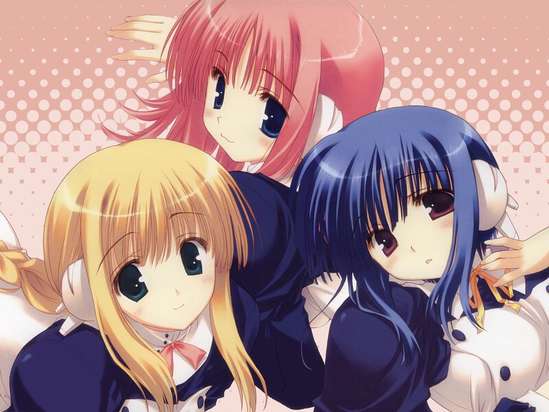 three anime girls in school uniforms
