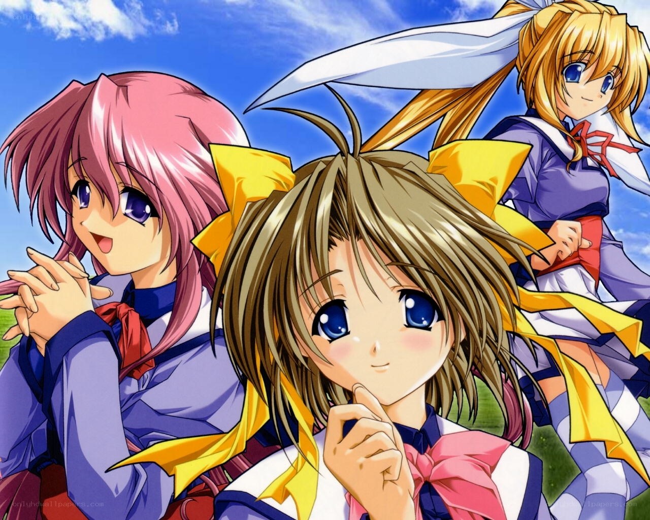 three anime girls in school uniforms