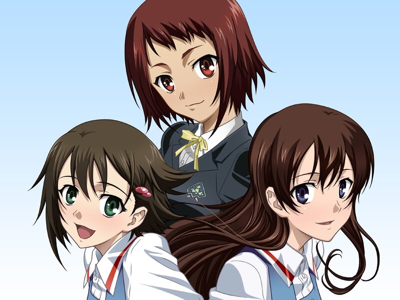 three anime girls in school uniforms