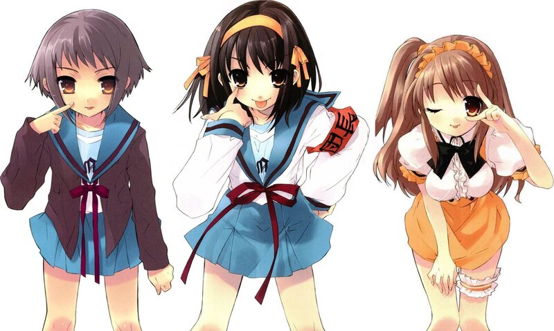 Three anime girls in school uniforms