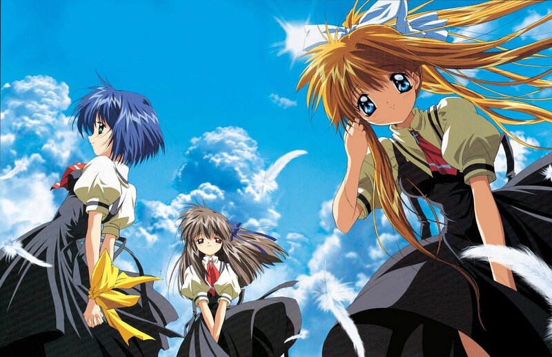 three anime girls in school uniforms