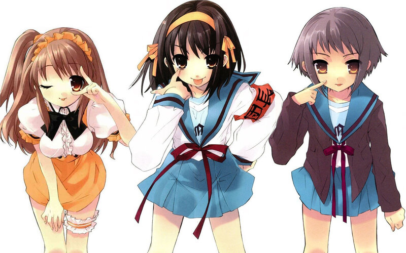 Three anime girls in school uniforms