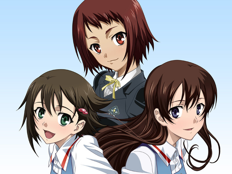 three anime girls in school uniforms